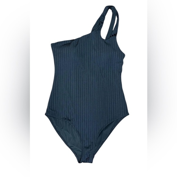 Aerie Ribbed Shine One Shoulder One Piece Swimsuit Black Size Small - Picture 2 of 5